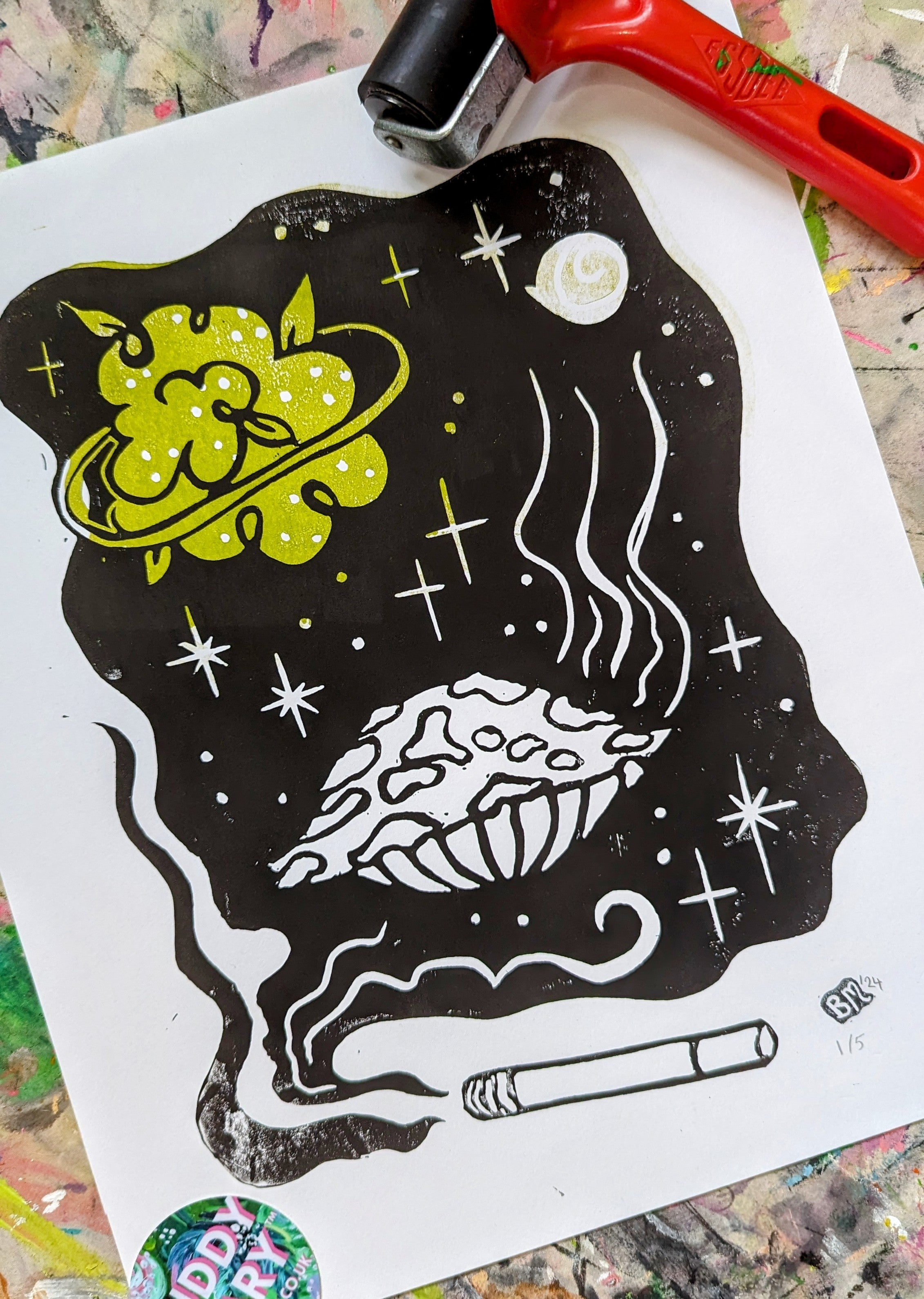 planet buddy hand carved linoprint with flying saucer mushroom